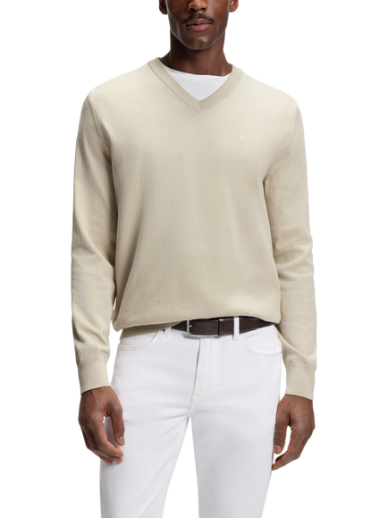 BOSS V-Neck Cotton Knit Jumper, Open Beige, Open Beige