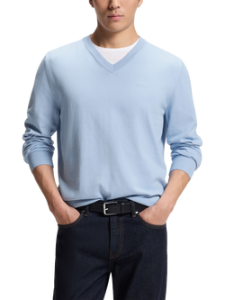 BOSS V-Neck Cotton Knit Jumper, Pastel Blue, Pastel Blue