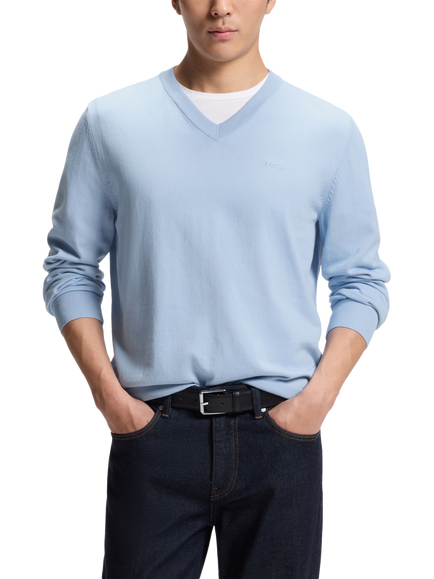 BOSS V-Neck Cotton Knit Jumper, Pastel Blue, Pastel Blue