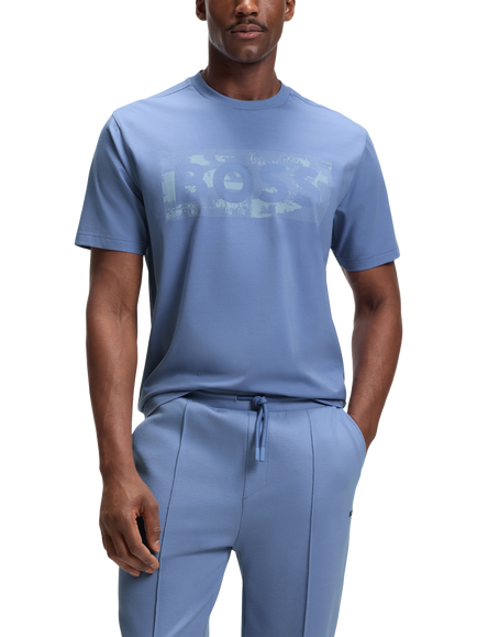 BOSS Stretch Cotton Globe Logo Pattern T-Shirt, Pastel Blue, Pastel Blue