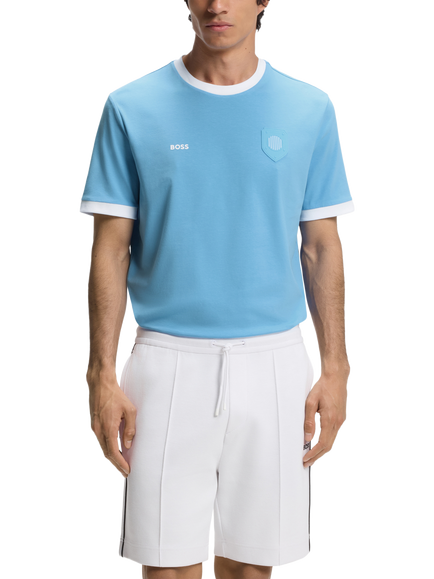 HUGO BOSS  Short Sleeve Crew Neck Cotton Football T-Shirt, Light Blue/White