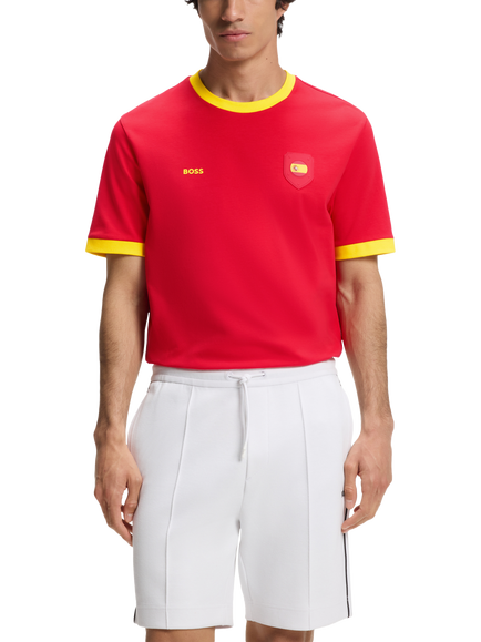 HUGO BOSS  Short Sleeve Crew Neck Cotton Football T-Shirt, Red/Yellow