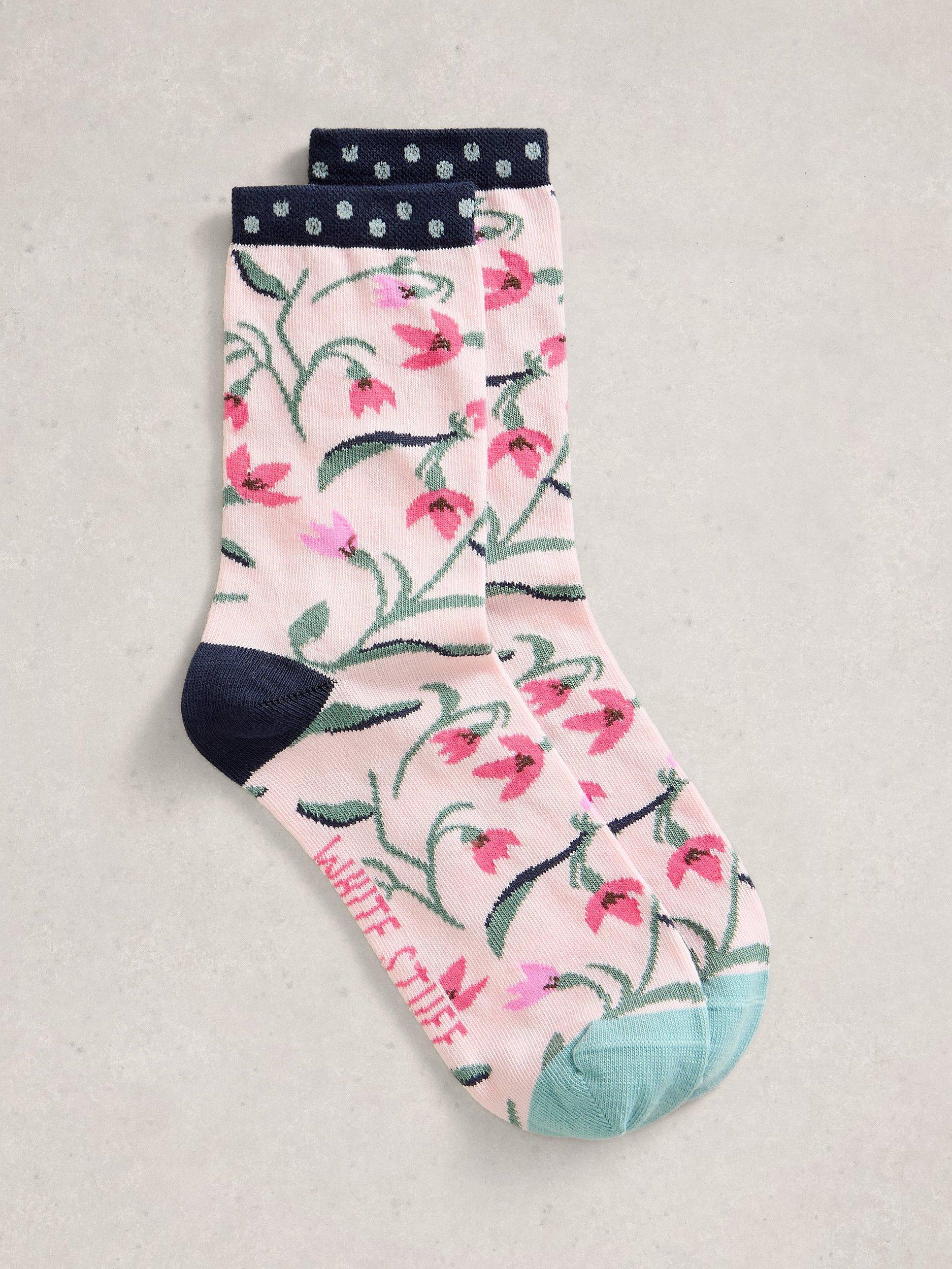 Product image 1 of 2, which shows White Stuff Floral Ankle Socks, Pink, 3-5.5