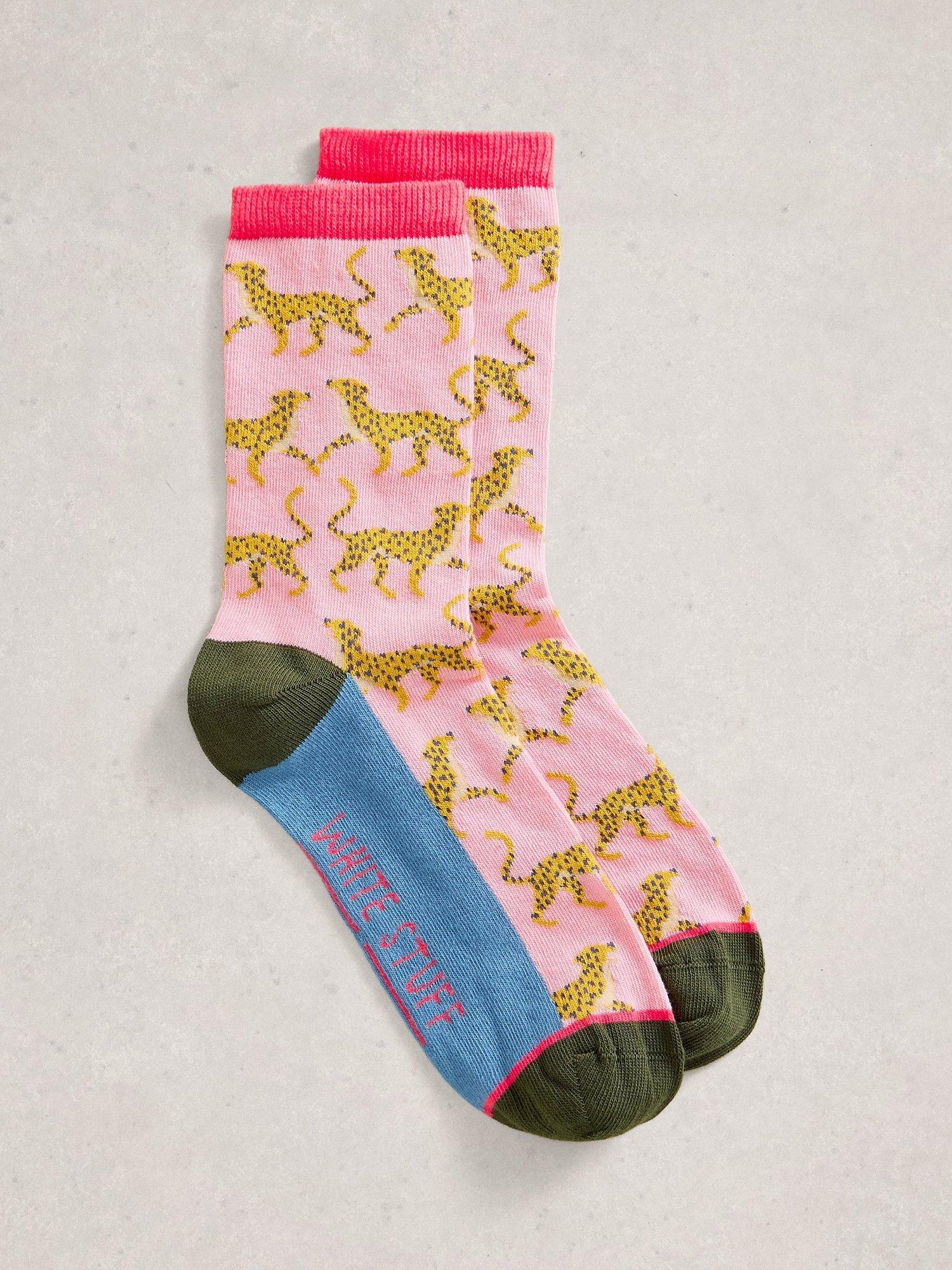 Product image 1 of 2, which shows White Stuff Cheetahs Ankle Socks, Pink, 3-5.5