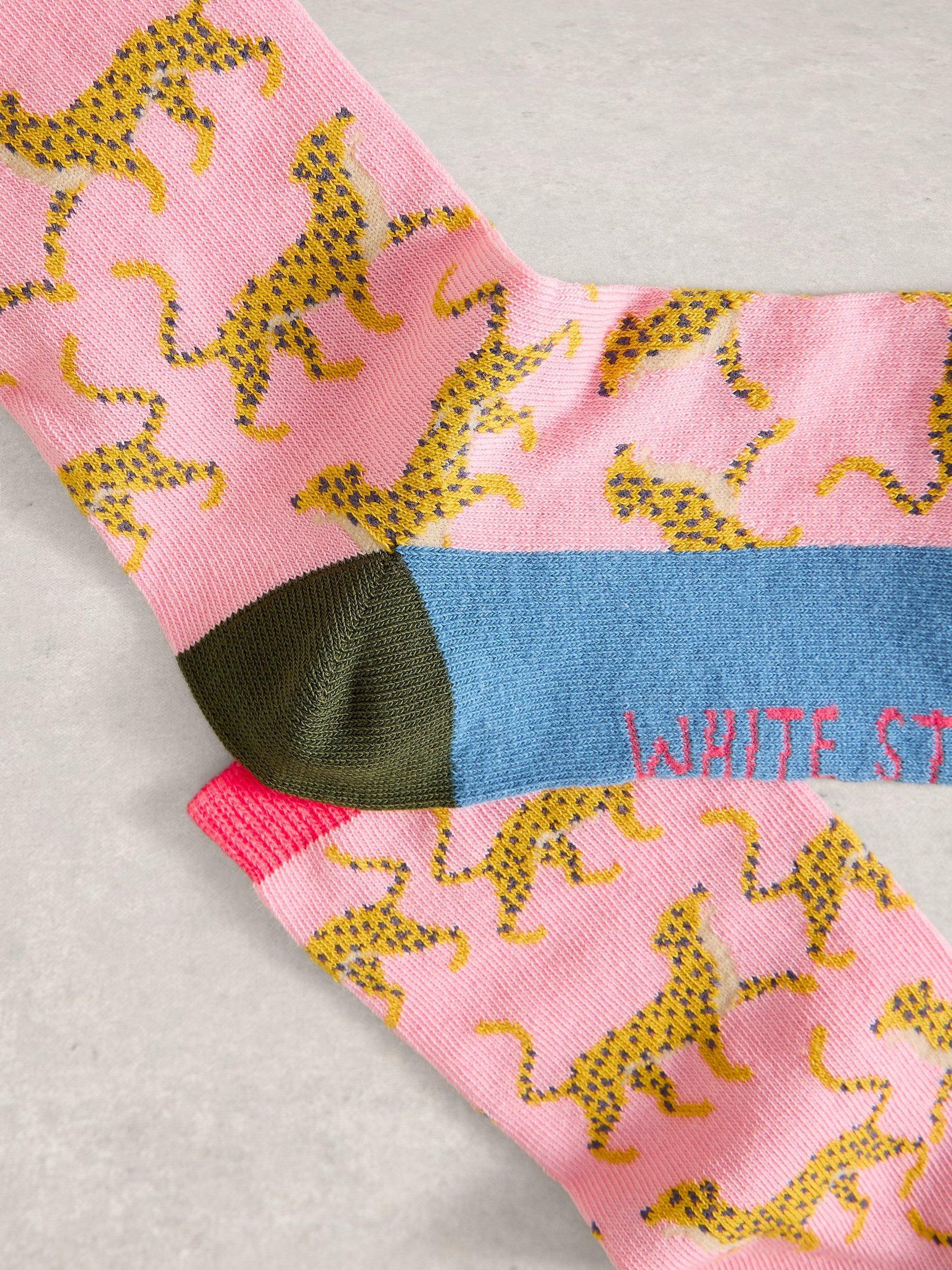 Product image 2 of 2, which shows White Stuff Cheetahs Ankle Socks, Pink, 3-5.5