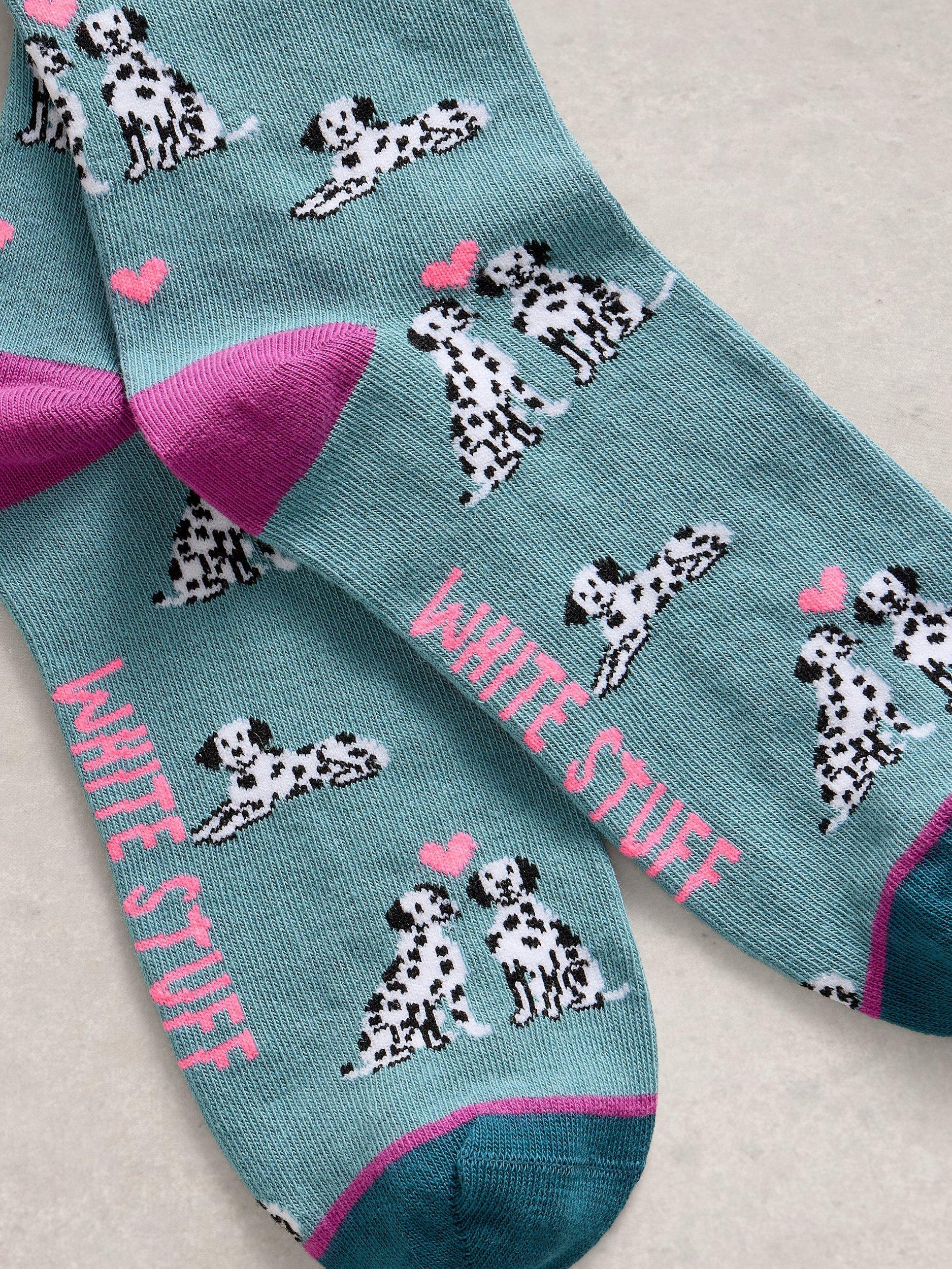 Product image 2 of 2, which shows White Stuff Dalmatian Hearts Ankle Socks, Blue, 3-5.5