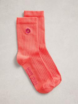 White Stuff Embroidered Flower Ribbed Socks, Orange, Orange