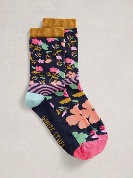 White Stuff Floral Stripe Ankle Socks, Blue, Blue