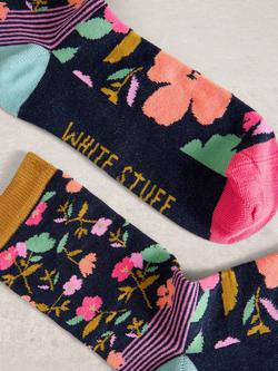 White Stuff Floral Stripe Ankle Socks, Blue - view 2, Blue
