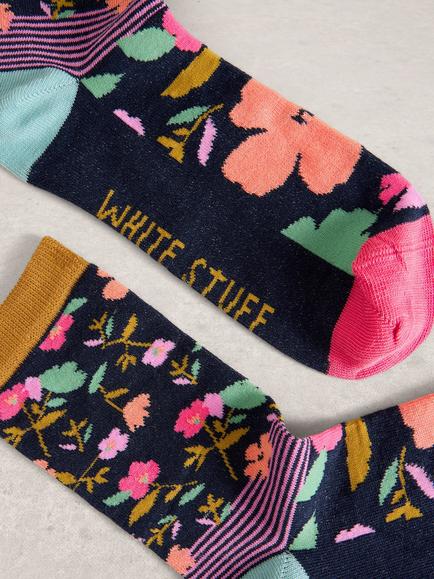 White Stuff Floral Stripe Ankle Socks, Blue - view 2, Blue