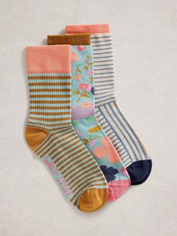 White Stuff Floral/Stripe Ankle Socks, Pack of 3, Pink, Pink