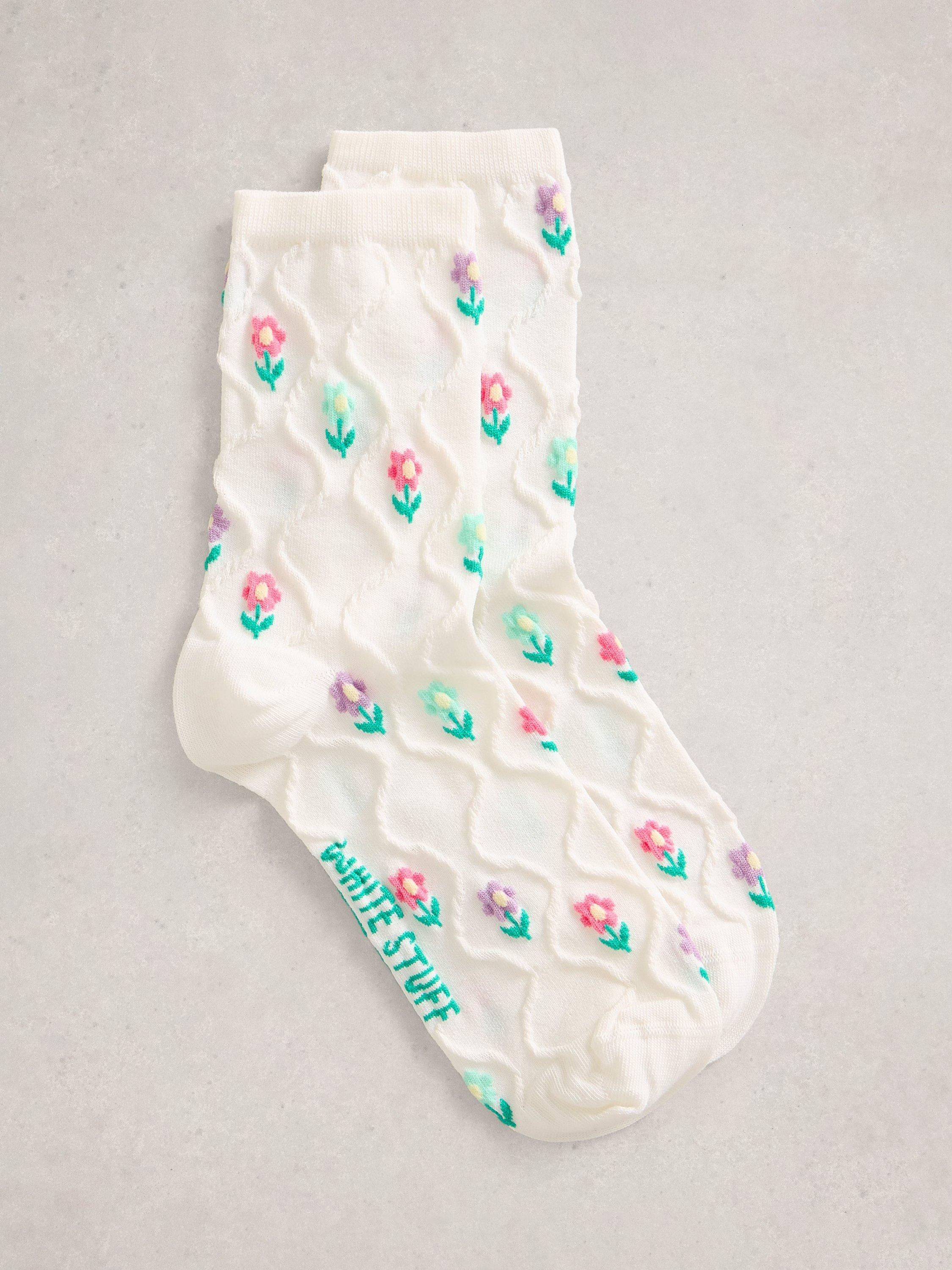 Product image 1 of 2, which shows White Stuff Textured Floral Ankle Socks, White, 3-5.5