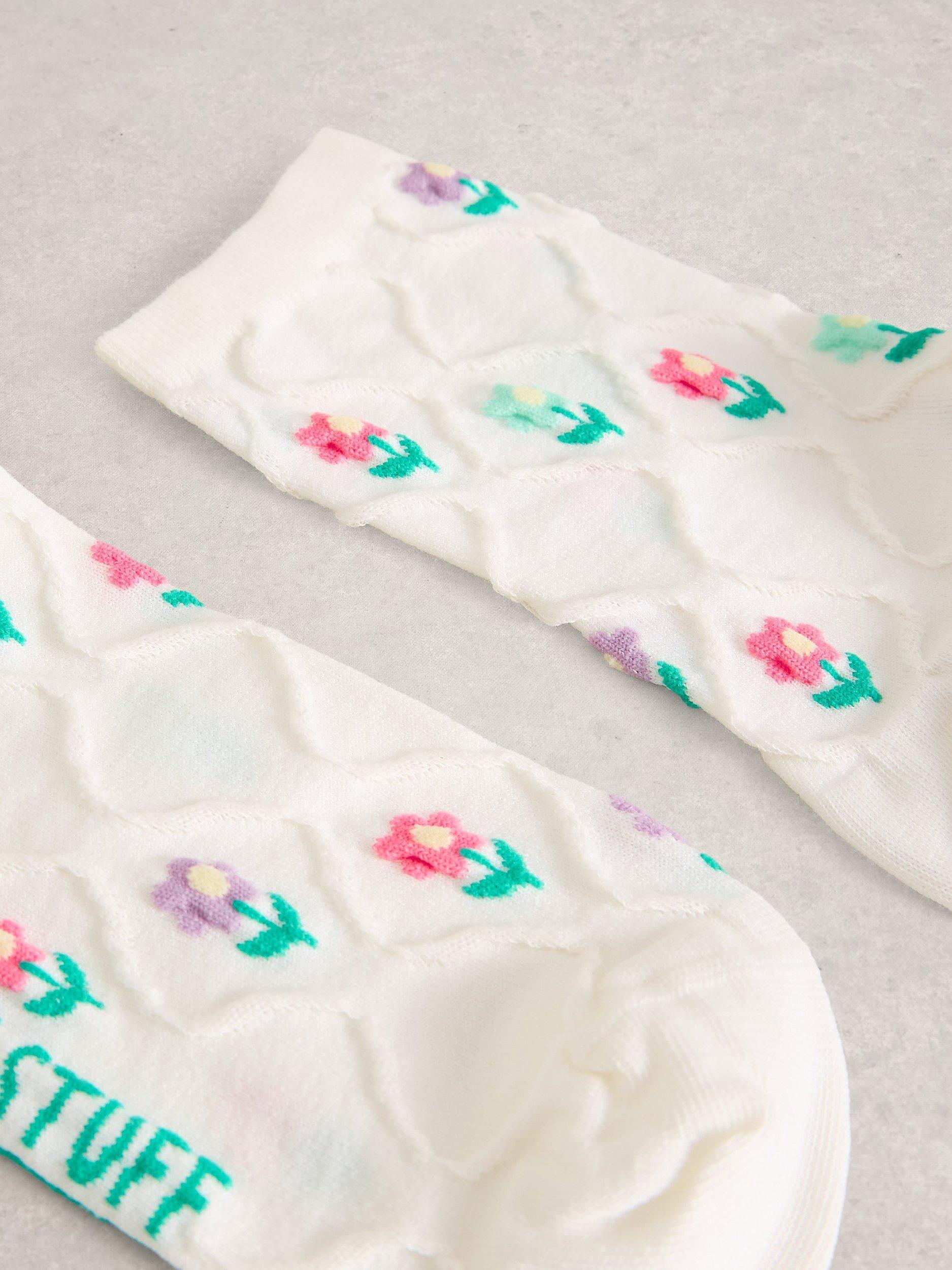 Product image 2 of 2, which shows White Stuff Textured Floral Ankle Socks, White, 3-5.5
