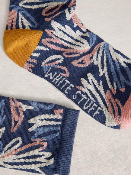 White Stuff Graphic Floral Ankle Socks, Blue - view 2, Blue