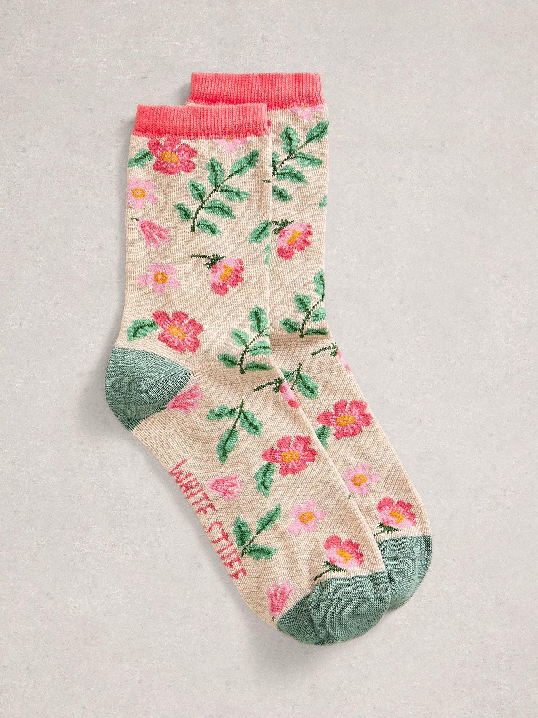 Product image 1 of 2, which shows White Stuff Floral Ankle Socks, Grey, 3-5.5