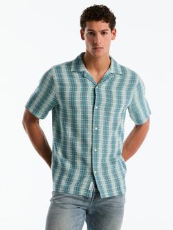 Original Penguin Dobby Linen Blend Vertical Pattern Short Sleeve Shirt, Copen Blue, Copen Blue