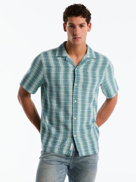Original Penguin Dobby Linen Blend Vertical Pattern Short Sleeve Shirt, Copen Blue, Copen Blue