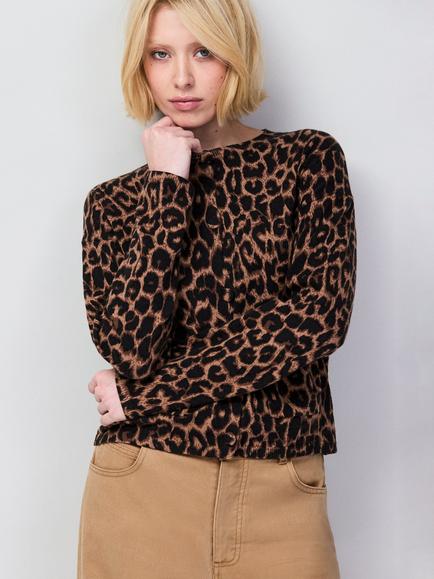 Ro&Zo Crew Neck Leopard Print Cardigan, Brown, Brown