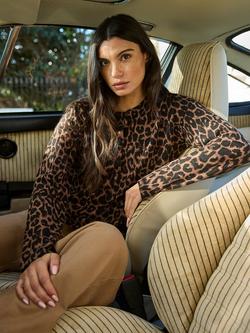 Ro&Zo Crew Neck Leopard Print Cardigan, Brown - view 2, Brown