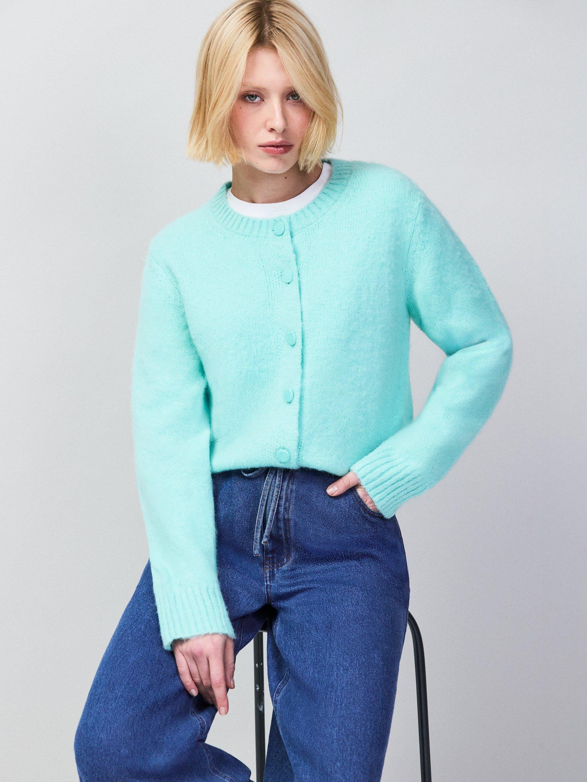 Product image 1 of 7, which shows Ro&Zo Crew Neck Brushed Knit Cardigan, Mint, XS