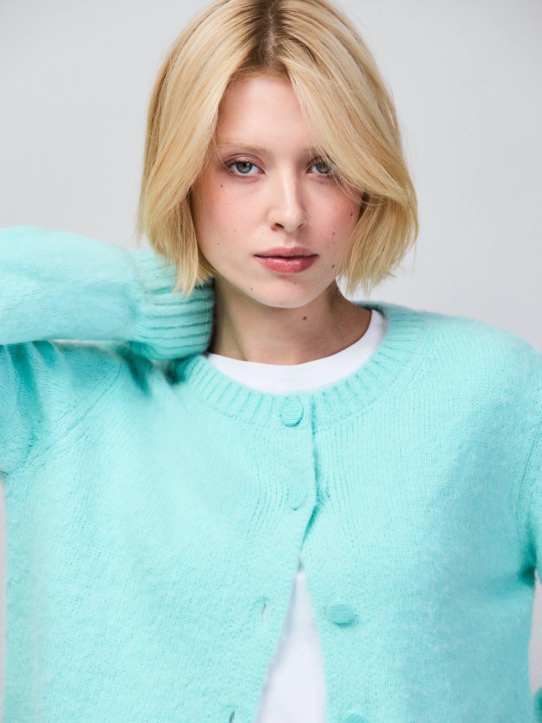 Product image 6 of 7, which shows Ro&Zo Crew Neck Brushed Knit Cardigan, Mint, XS
