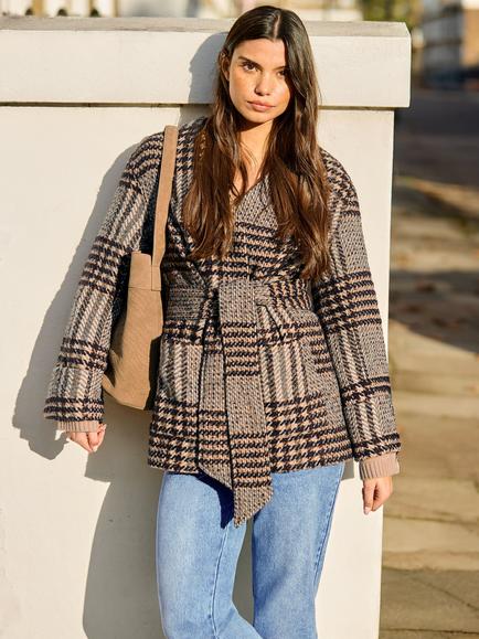 Ro&Zo Heritage Check Belted Coat, Brown - view 2, Brown