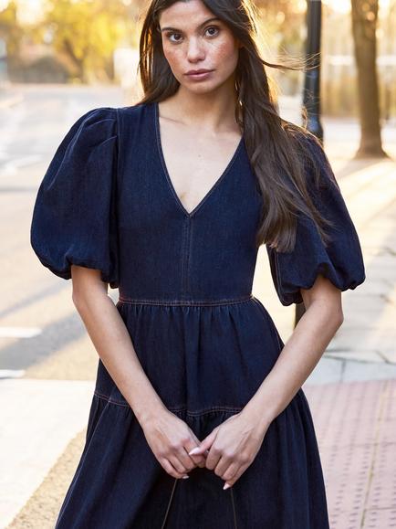 Ro&Zo Puff Sleeve Denim Maxi Dress, Blue - view 2, Blue