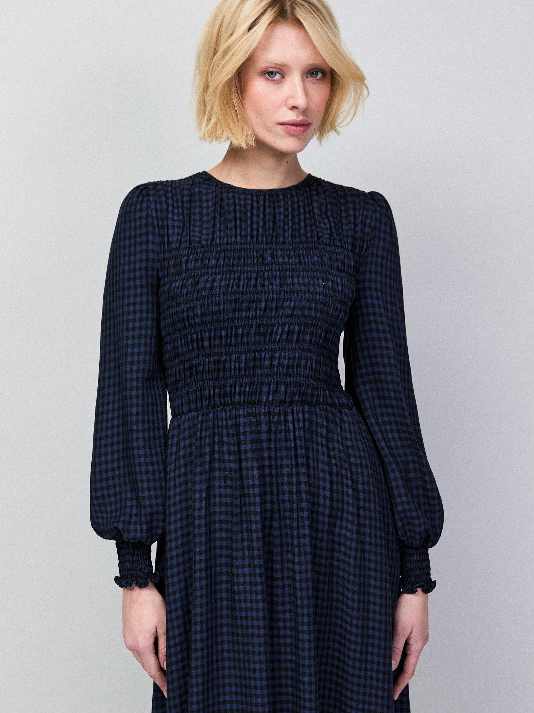 Ro&Zo Check Shirred Bodice Dress, Blue