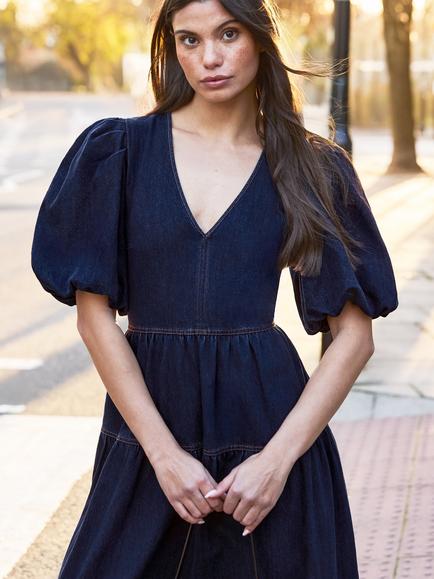 Ro&Zo Petite Denim Tiered Maxi Dress, Blue - view 2, Blue