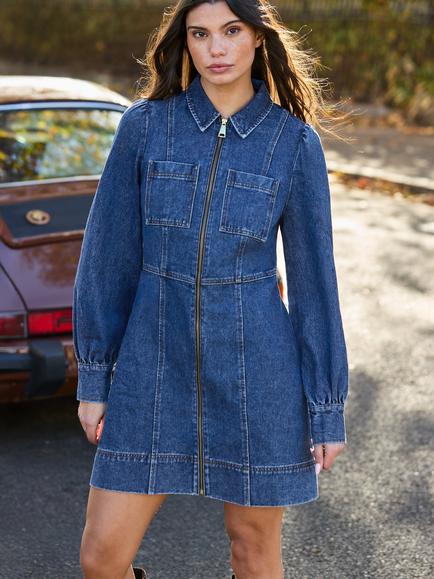Ro&Zo Petite Zip Front Denim Mini Dress, Blue, Blue