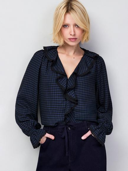 Ro&Zo Check Ruffle Trim Top, Blue, Blue