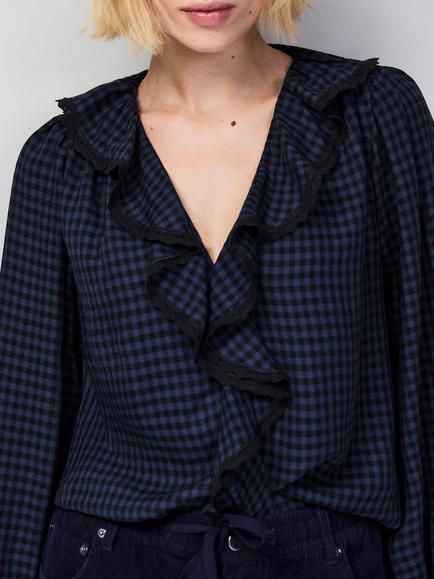 Ro&Zo Check Ruffle Trim Top, Blue - view 2, Blue