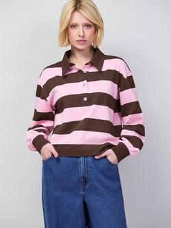 Ro&Zo Stripe Long Sleeve Polo Shirt, Pink/Brown, Pink/Brown