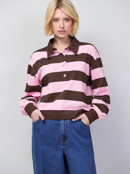 Ro&Zo Stripe Long Sleeve Polo Shirt, Pink/Brown, Pink/Brown
