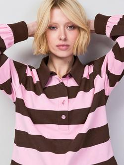 Ro&Zo Stripe Long Sleeve Polo Shirt, Pink/Brown - view 2, Pink/Brown