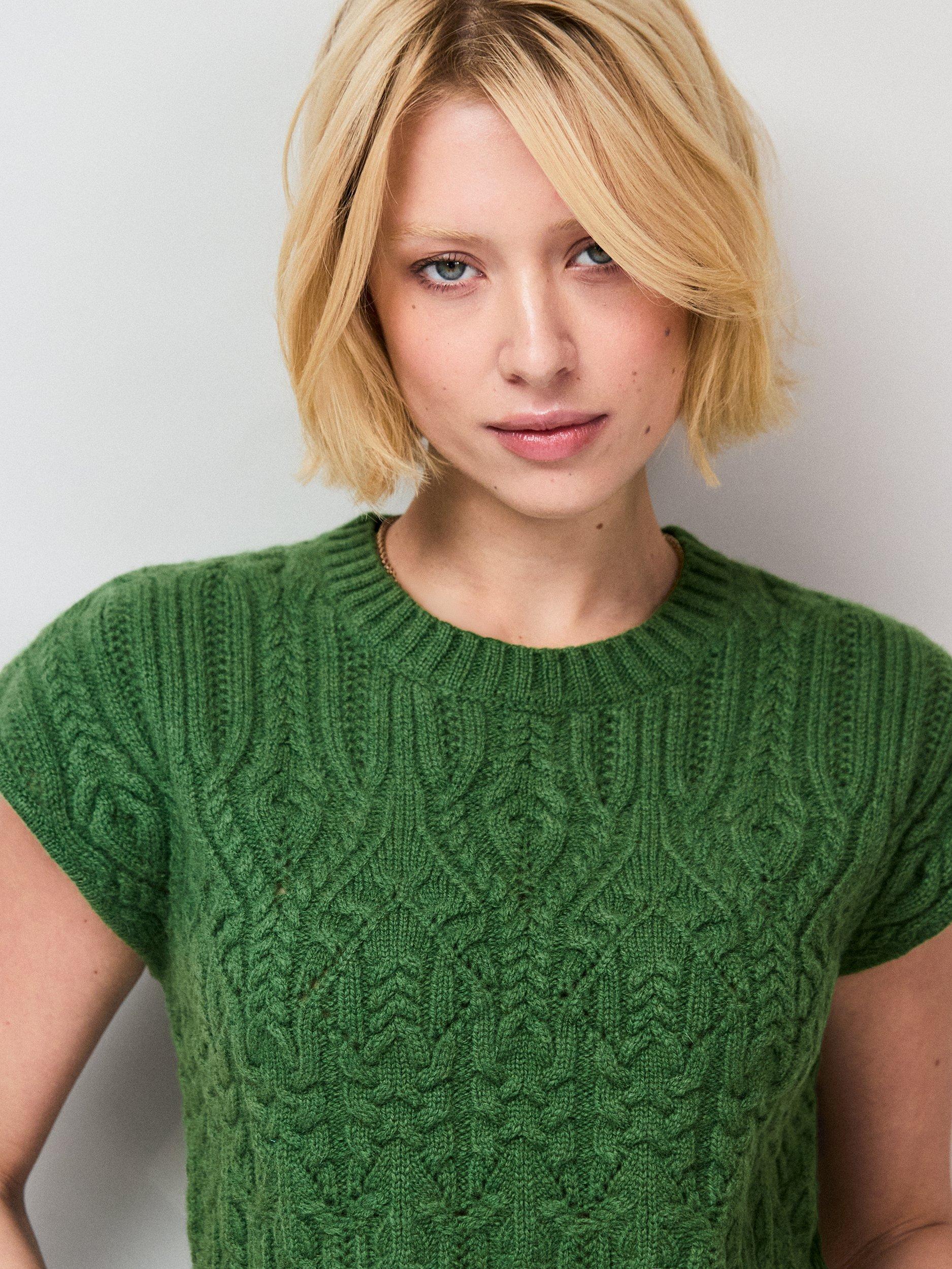 Product image 2 of 4, which shows Ro&Zo Cable Knit Pure Wool Sleeveless Jumper, Green, XS