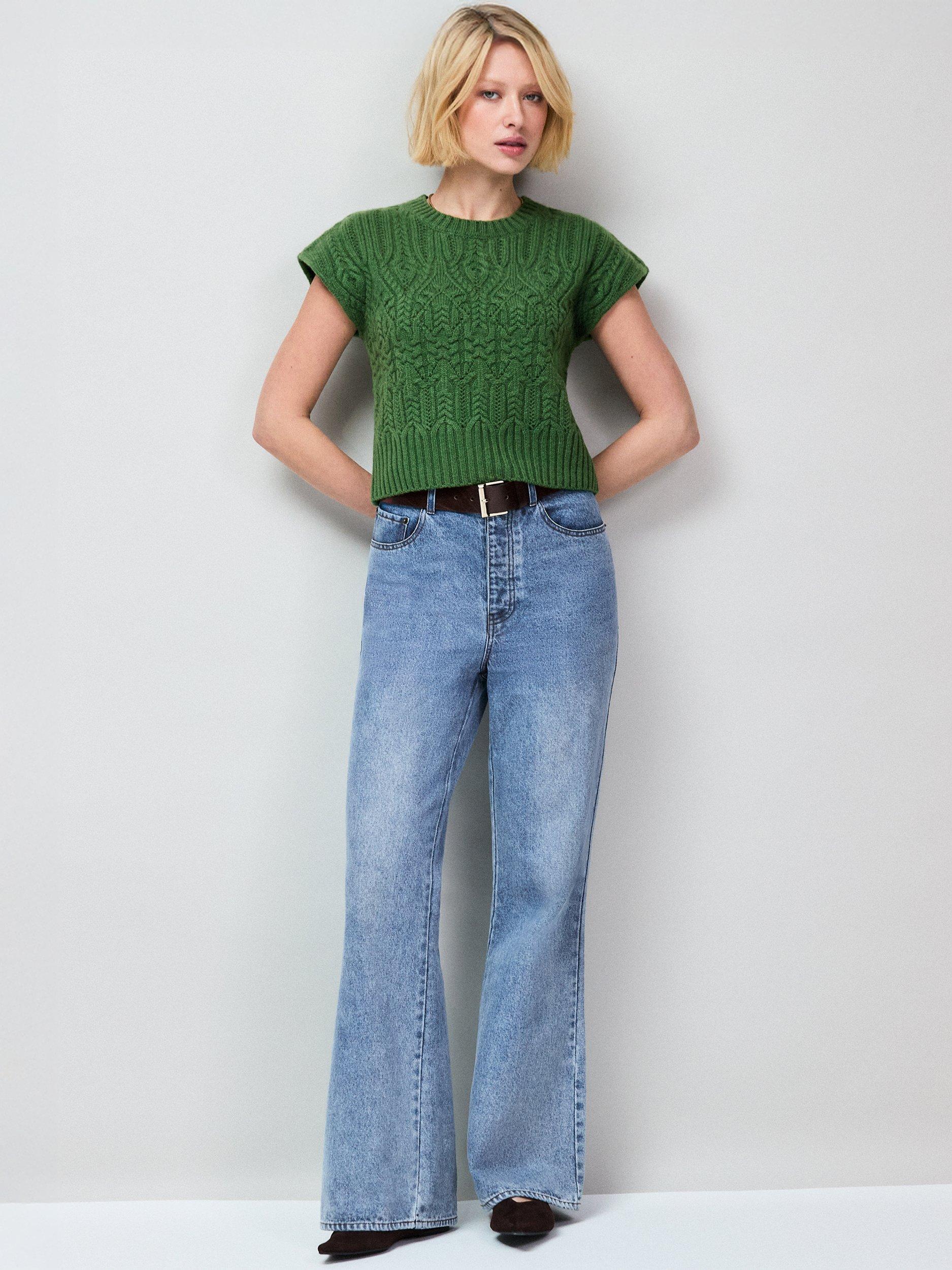Product image 3 of 4, which shows Ro&Zo Cable Knit Pure Wool Sleeveless Jumper, Green, XS