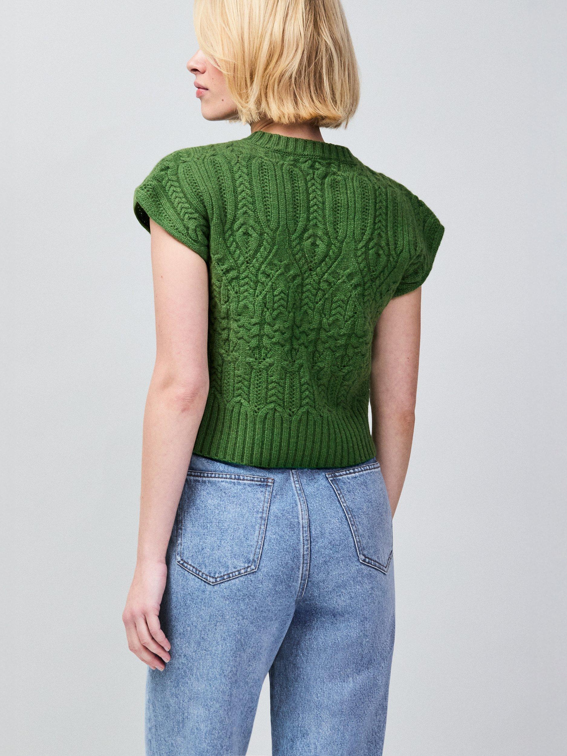 Product image 4 of 4, which shows Ro&Zo Cable Knit Pure Wool Sleeveless Jumper, Green, XS