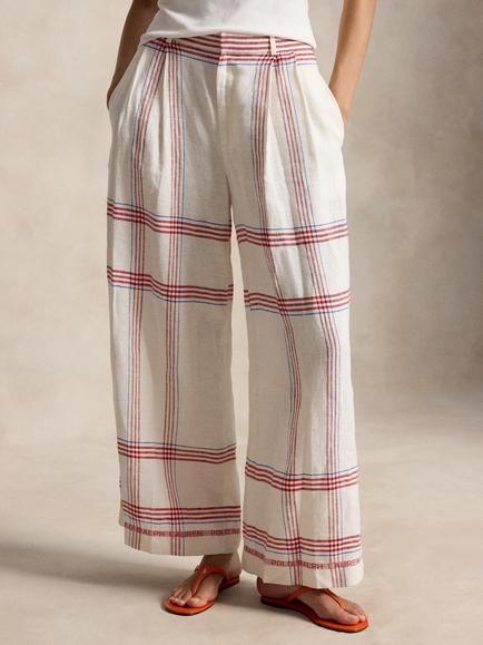 Polo Ralph Lauren Plaid Check Pure Linen Trousers, Cream/Red, Cream/Red