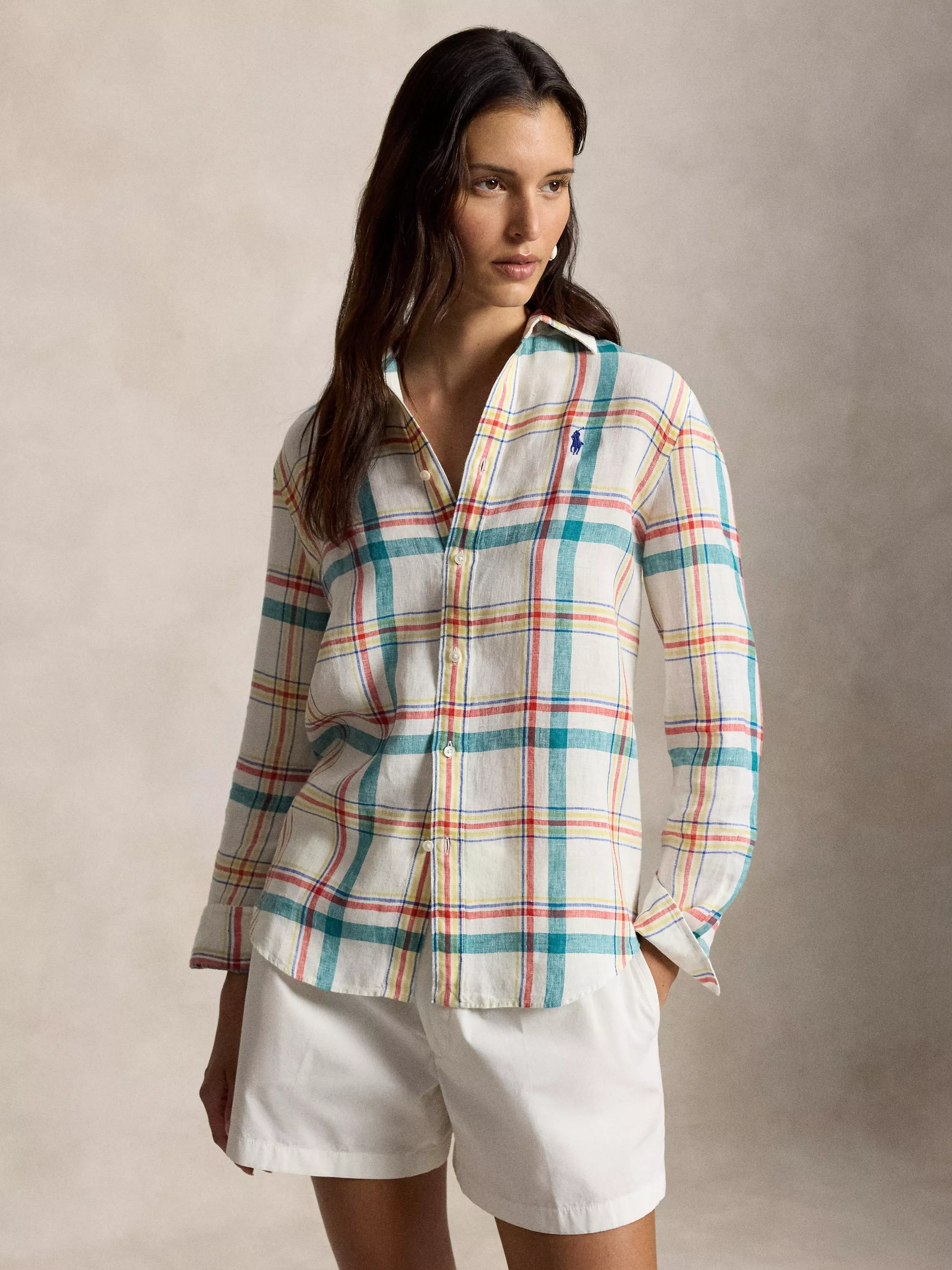 Polo Ralph Lauren Plaid Check Pure Linen Shirt, White Multi
