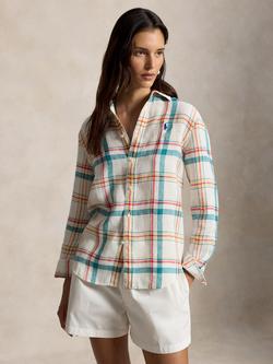 Polo Ralph Lauren Plaid Check Pure Linen Shirt, White-tal-rd Mul, White-tal-rd Mul