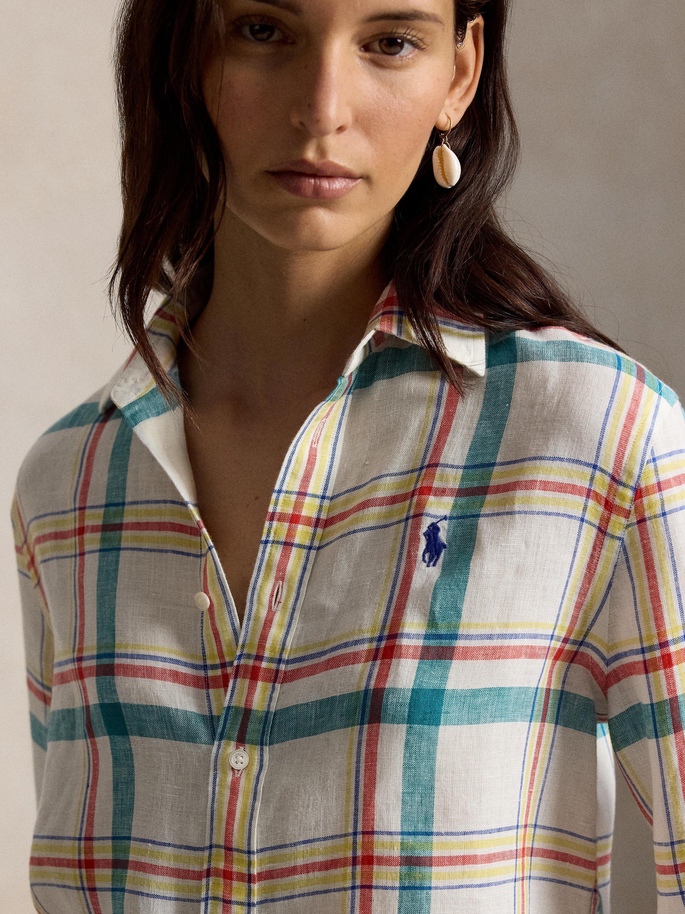 Polo Ralph Lauren Plaid Check Pure Linen Shirt, White Multi