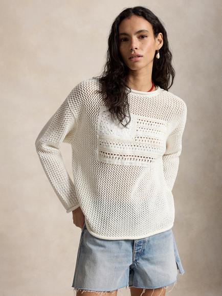 Polo Ralph Lauren Flag Pointelle Knit Jumper, White Multi, White Multi