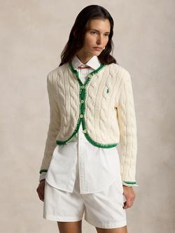 Polo Ralph Lauren Contrast Trim Cable Knit Cardigan, Cricket Cream, Cricket Cream