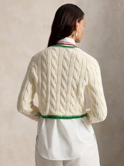 Polo Ralph Lauren Contrast Trim Cable Knit Cardigan, Cricket Cream - view 2, Cricket Cream