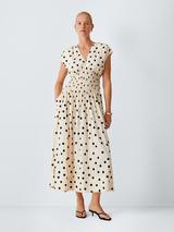 John Lewis Polka Dot Cap Sleeve Shirred Midi Dress containing LENZING™ ECOVERO™ Viscose, Spot
