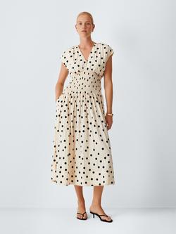John Lewis Polka Dot Cap Sleeve Shirred Midi Dress containing LENZING™ ECOVERO™ Viscose, Spot, Spot