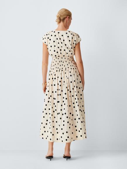 John Lewis Polka Dot Cap Sleeve Shirred Midi Dress containing LENZING™ ECOVERO™ Viscose, Spot - view 2, Spot