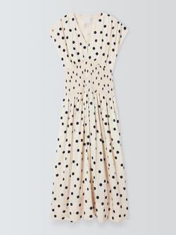 John Lewis Polka Dot Cap Sleeve Shirred Midi Dress containing LENZING™ ECOVERO™ Viscose, Spot, Spot