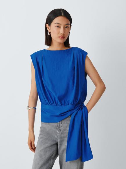 John Lewis Sleeveless Tie Hem Blouse containing LENZING™ ECOVERO™ Viscose, Cobalt, Blue